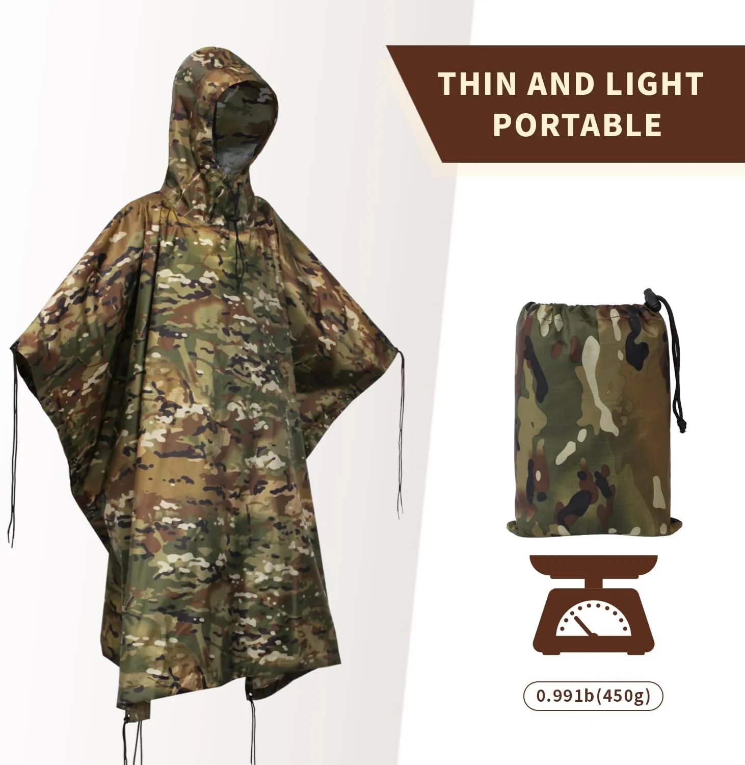 WINWAY Military Rain Poncho Camouflage Poncho Waterproof Lightweight Raincoat for Outdoor Hunting Hiking Camping