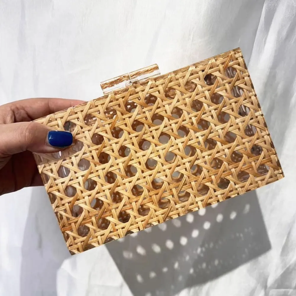 Women Acrylic Bag Rattan Clutch Purse Woven Bag Square Box Crossbody Handbag Shoulder Bag Summer Beach Purse