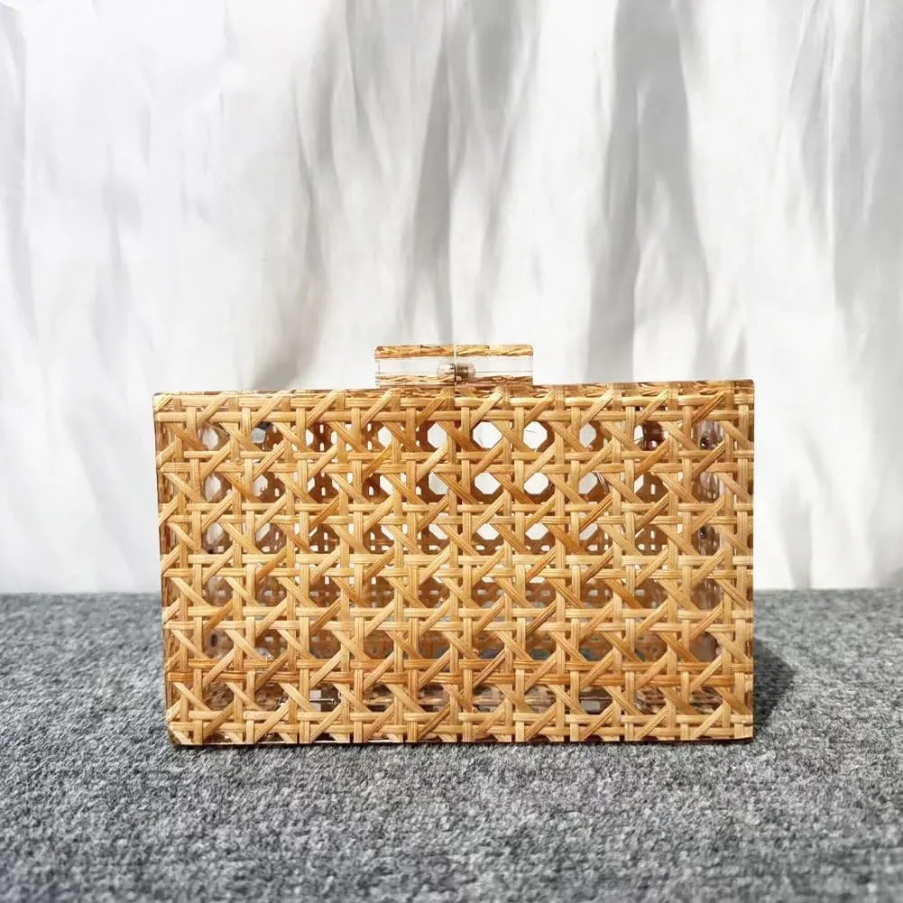 Women Acrylic Bag Rattan Clutch Purse Woven Bag Square Box Crossbody Handbag Shoulder Bag Summer Beach Purse