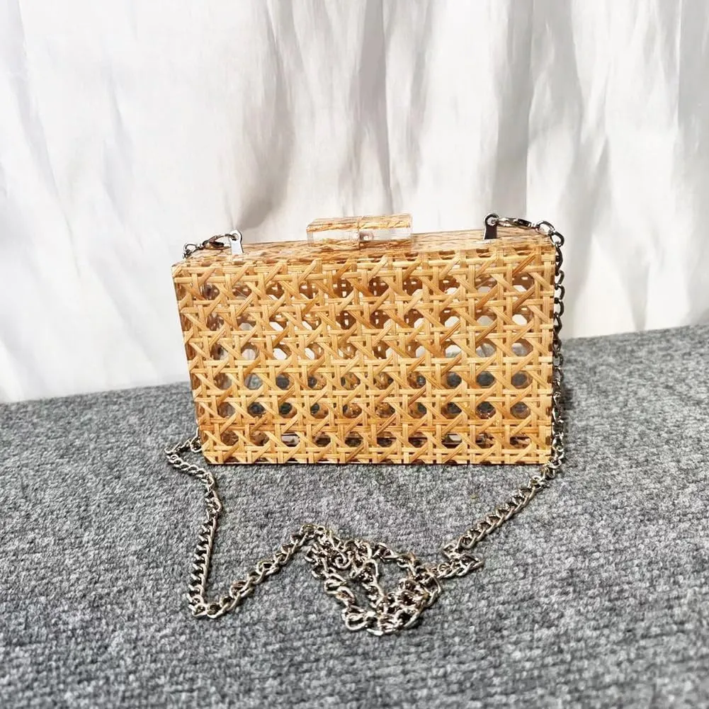 Women Acrylic Bag Rattan Clutch Purse Woven Bag Square Box Crossbody Handbag Shoulder Bag Summer Beach Purse