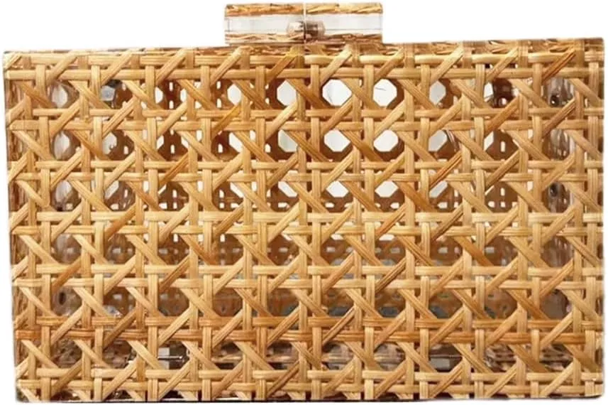 Women Acrylic Bag Rattan Clutch Purse Woven Bag Square Box Crossbody Handbag Shoulder Bag Summer Beach Purse