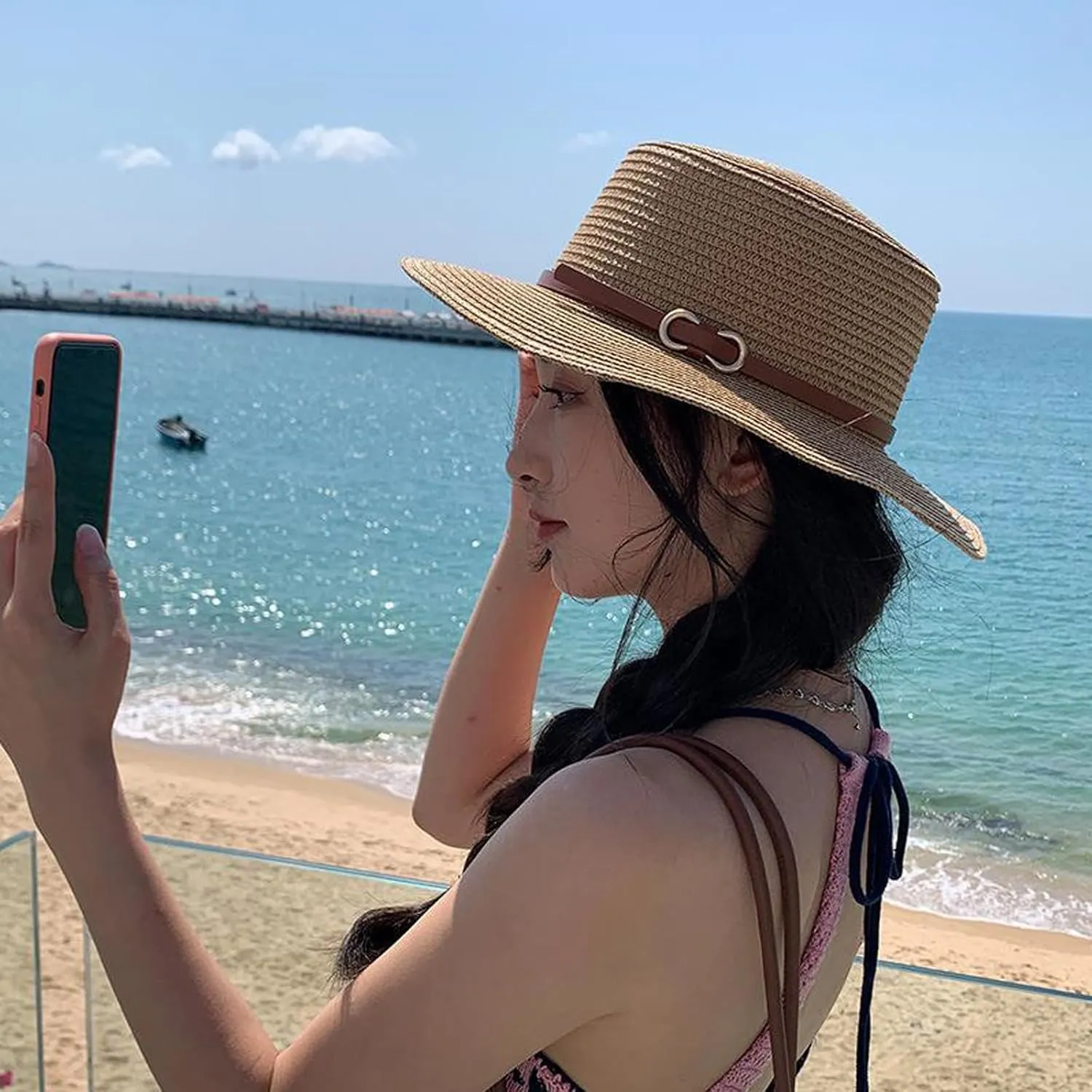 Women Beach Straw Sun Hat Flat Topped Straw hat Summer Beach Hat for Men Women for Party Travel