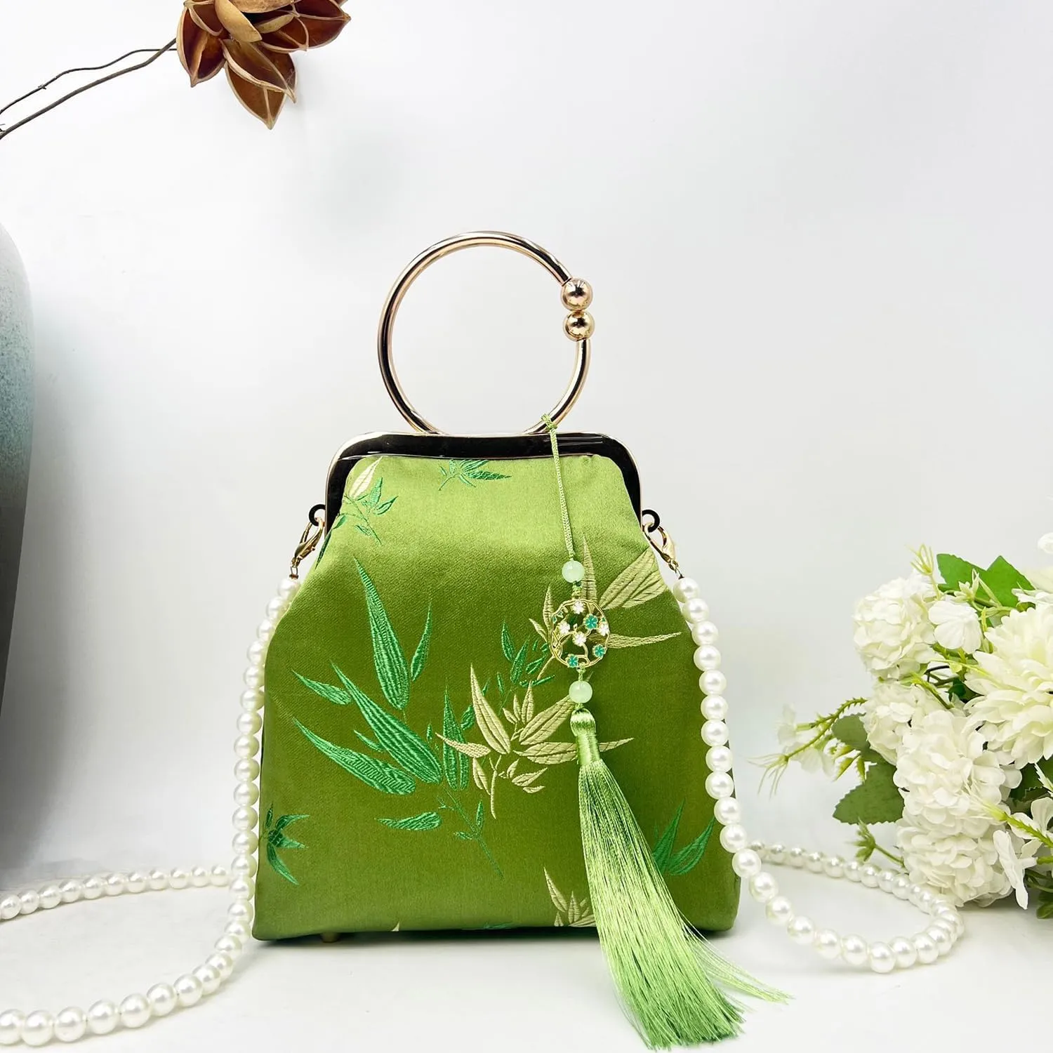 Women China Chic Evening Clutch Handbag Bamboo Leaves Embroidered Kiss Lock Top-handle Tote Purse Wedding Party Crossbody Bag