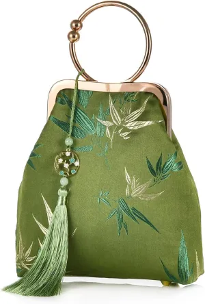 Women China Chic Evening Clutch Handbag Bamboo Leaves Embroidered Kiss Lock Top-handle Tote Purse Wedding Party Crossbody Bag