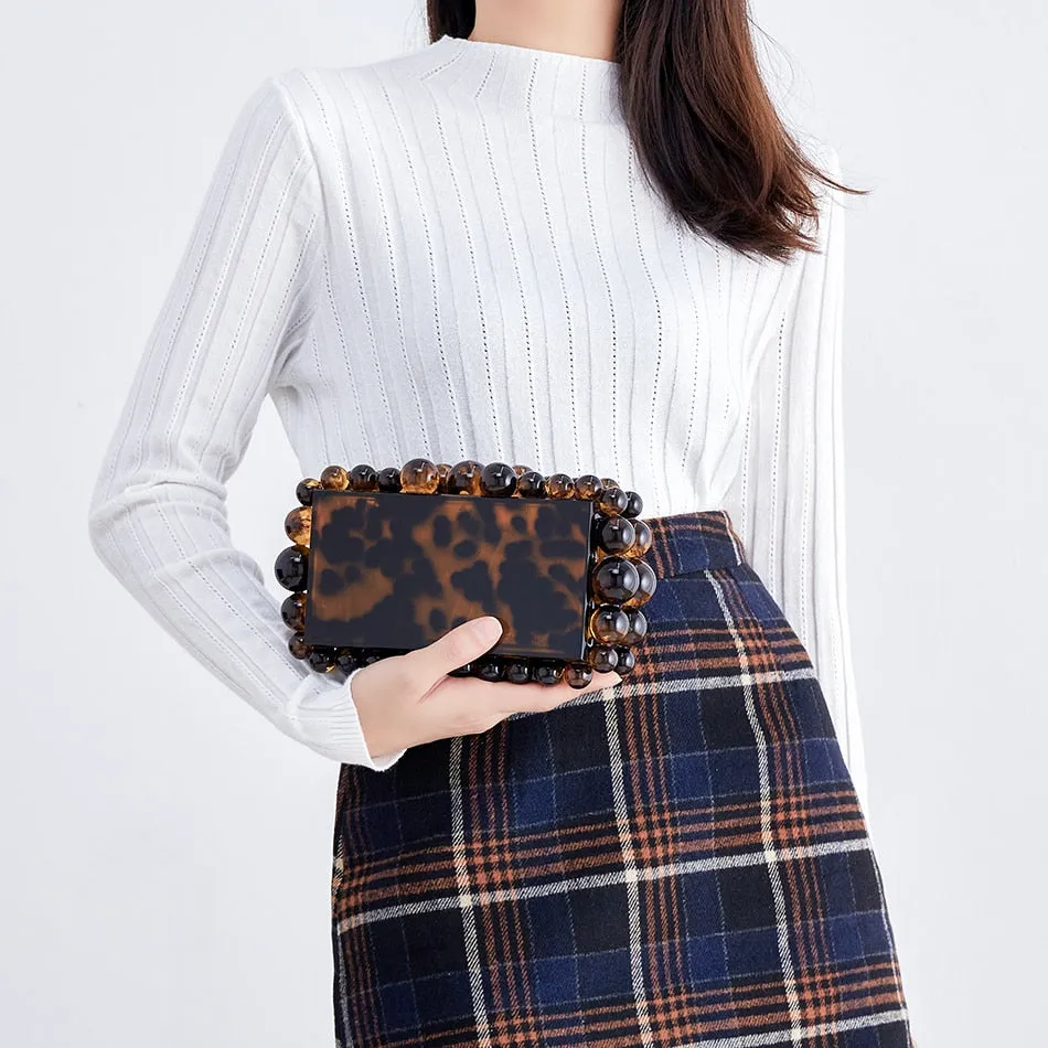 Women Clear Acrylic Box Evening Clutch Bags For Wedding Party Luxury Gold Foil Beads Purses And Handbags Designer High Quality