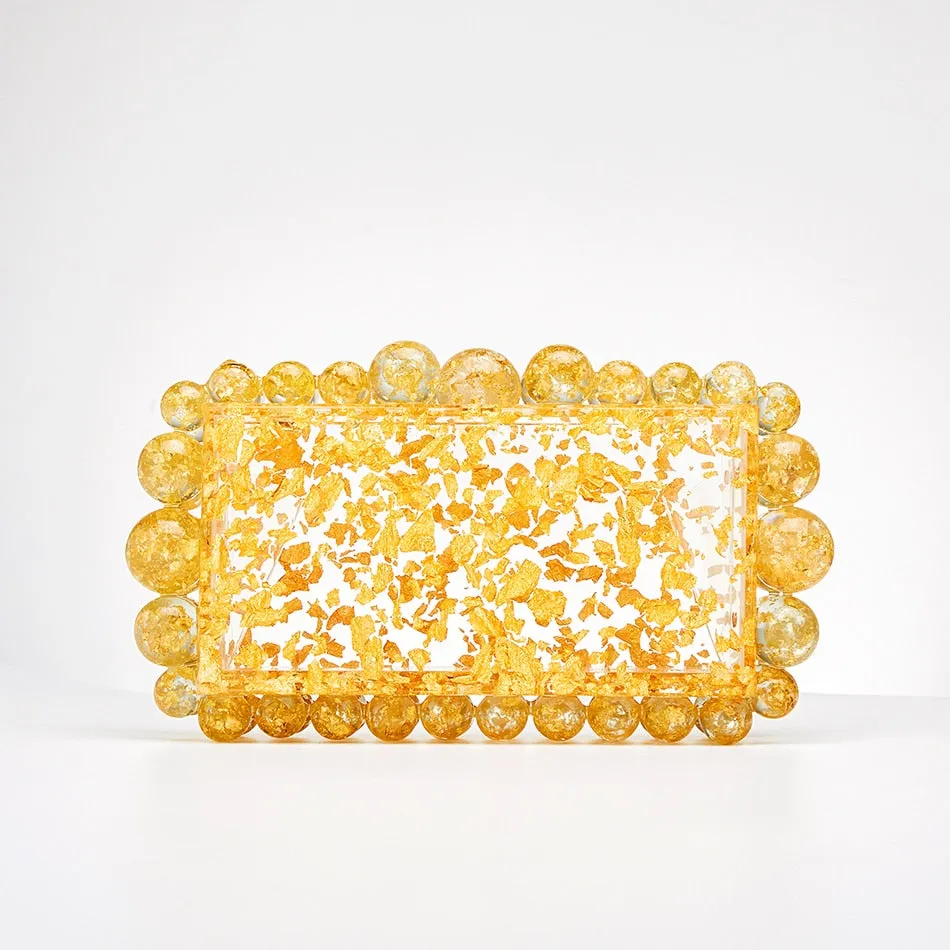 Women Clear Acrylic Box Evening Clutch Bags For Wedding Party Luxury Gold Foil Beads Purses And Handbags Designer High Quality