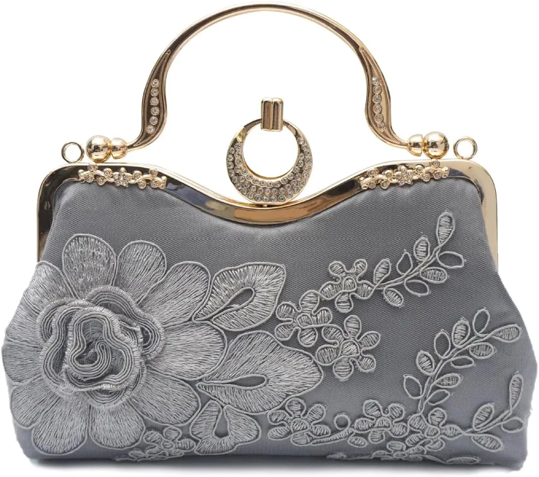 Women Evening Bag Floral Embroidery Clutch Bag Vintage Handbag Bridal Wedding Purse Elegant Shoulder Bag