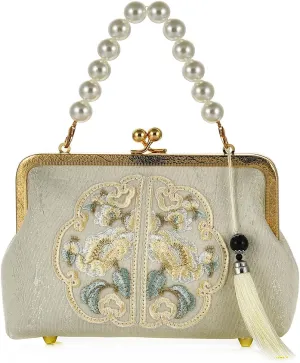 Women Flowers Embroidered Crossbody Handbag Chinese Retro Kiss Lock Cheongsam Tote Bag Wedding Party Evening Clutch Purse