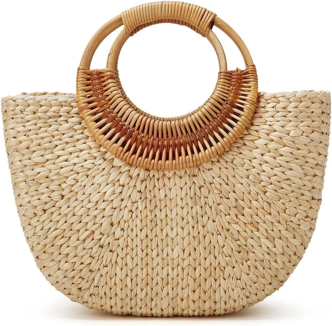 Women Handmade Straw Rattan Woven Handbag Summer Beach Bag Moon Shape Tote Bag Rattan Clutch Purse