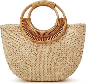 Women Handmade Straw Rattan Woven Handbag Summer Beach Bag Moon Shape Tote Bag Rattan Clutch Purse