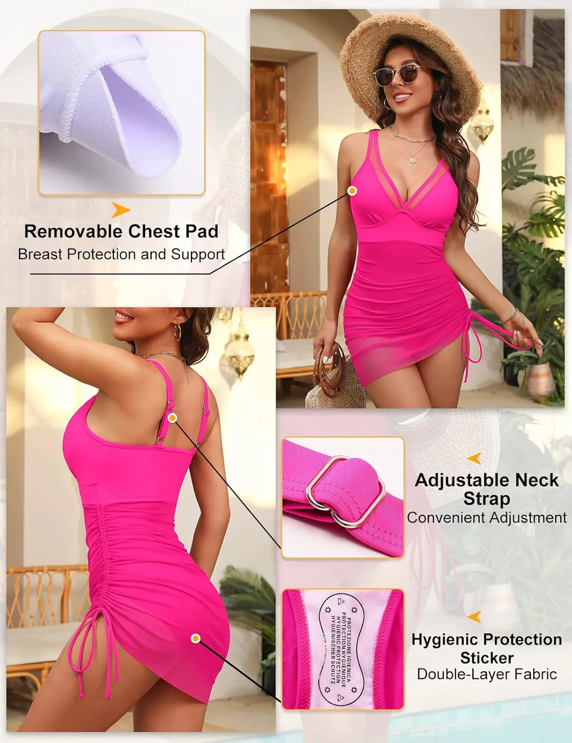 Women One Piece Swim Dress Swimsuit Tummy Control Swimsuits Slimming Sexy Mesh Bathing Suit V Neck Skirt Swimwear