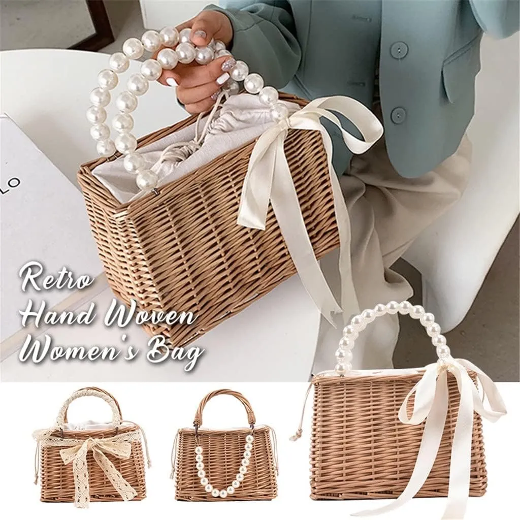 Women Rattan Handbag Handmade Ladies Bohemia Beach Ribbon Handbags Tote Purses Pouch Pearl Basket