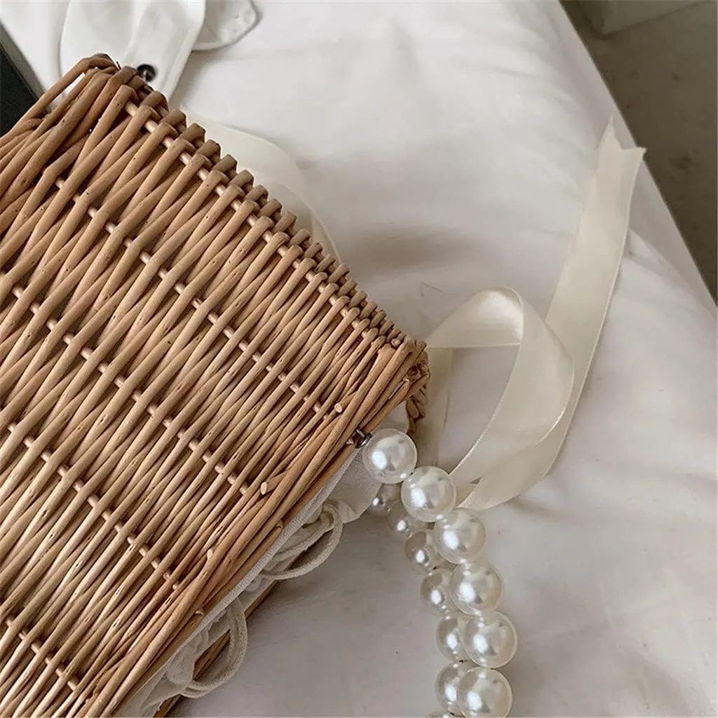Women Rattan Handbag Handmade Ladies Bohemia Beach Ribbon Handbags Tote Purses Pouch Pearl Basket