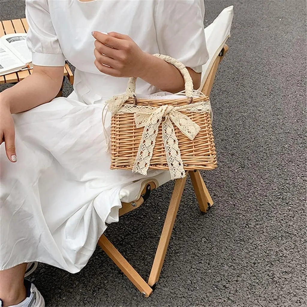 Women Rattan Handbag Handmade Ladies Bohemia Beach Ribbon Handbags Tote Purses Pouch Pearl Basket