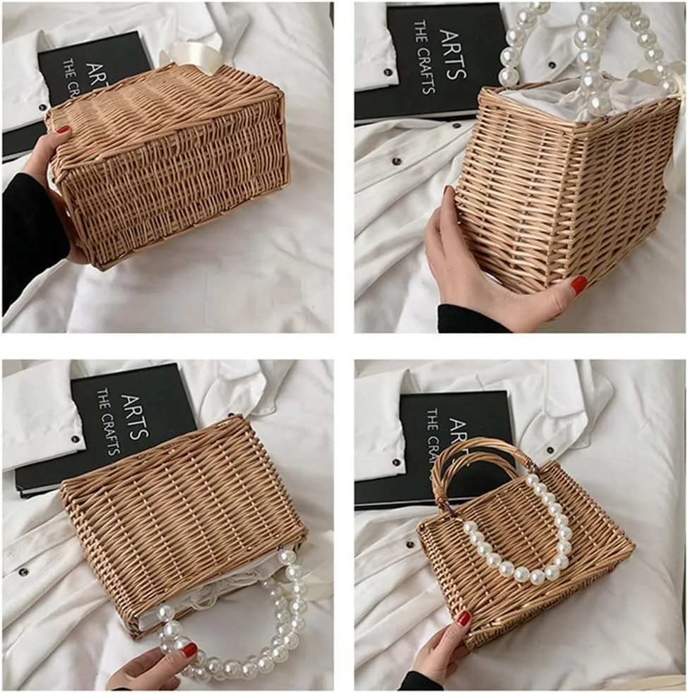 Women Rattan Handbag Handmade Ladies Bohemia Beach Ribbon Handbags Tote Purses Pouch Pearl Basket