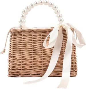 Women Rattan Handbag Handmade Ladies Bohemia Beach Ribbon Handbags Tote Purses Pouch Pearl Basket