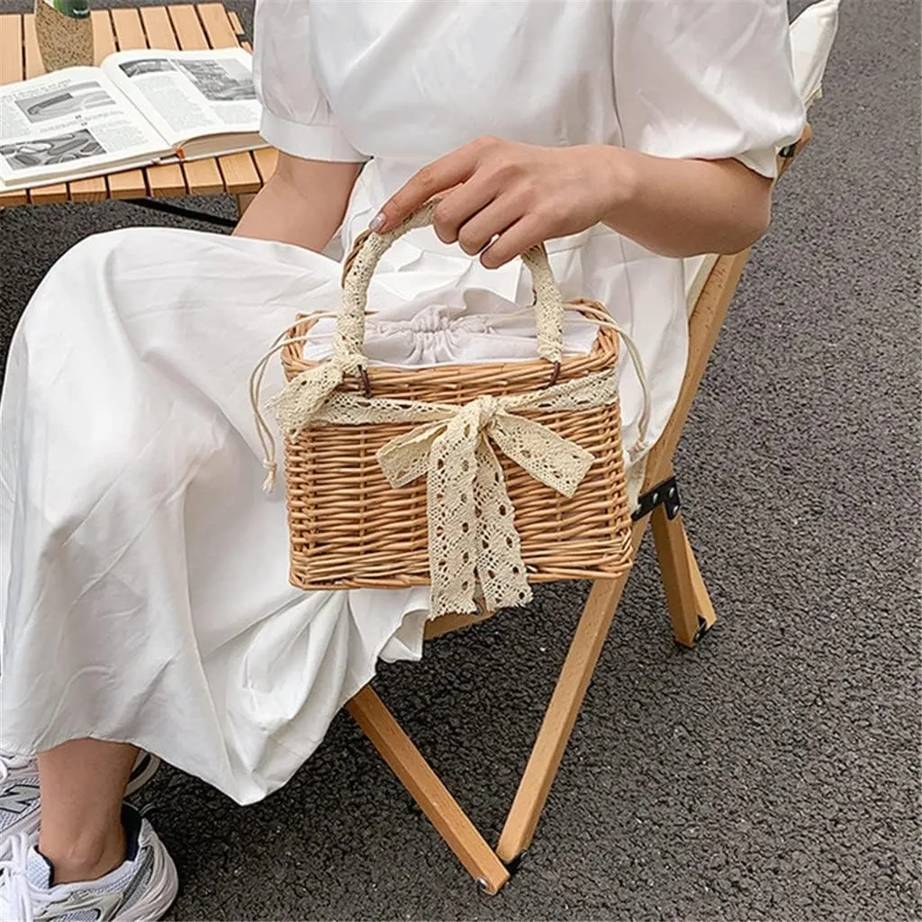 Women Rattan Handbag Handmade Ladies Bohemia Beach Ribbon Handbags Tote Purses Pouch Pearl Basket