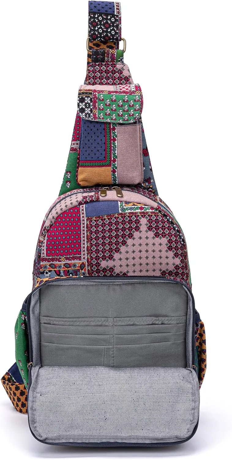 Women sling bag Elephant canvas large boho backpacks bohemian Crossbody Bag (blue)