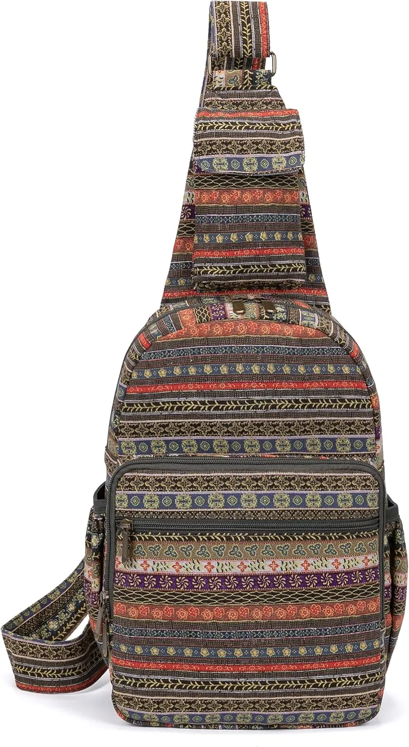 Women sling bag Elephant canvas large boho backpacks bohemian Crossbody Bag (green grey)