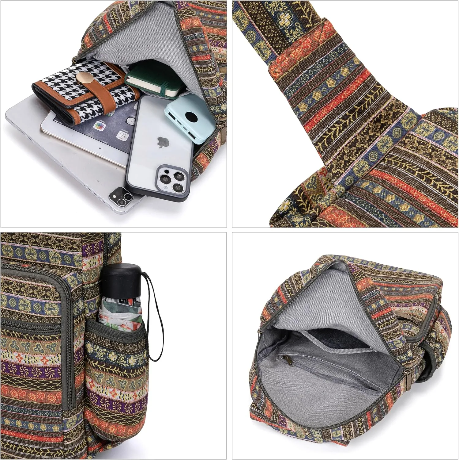 Women sling bag Elephant canvas large boho backpacks bohemian Crossbody Bag (green grey)