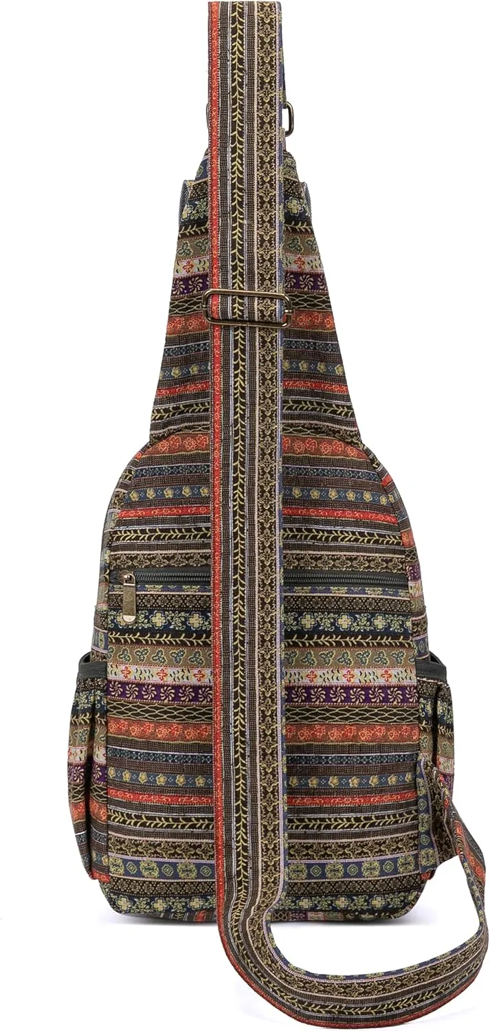 Women sling bag Elephant canvas large boho backpacks bohemian Crossbody Bag (green grey)