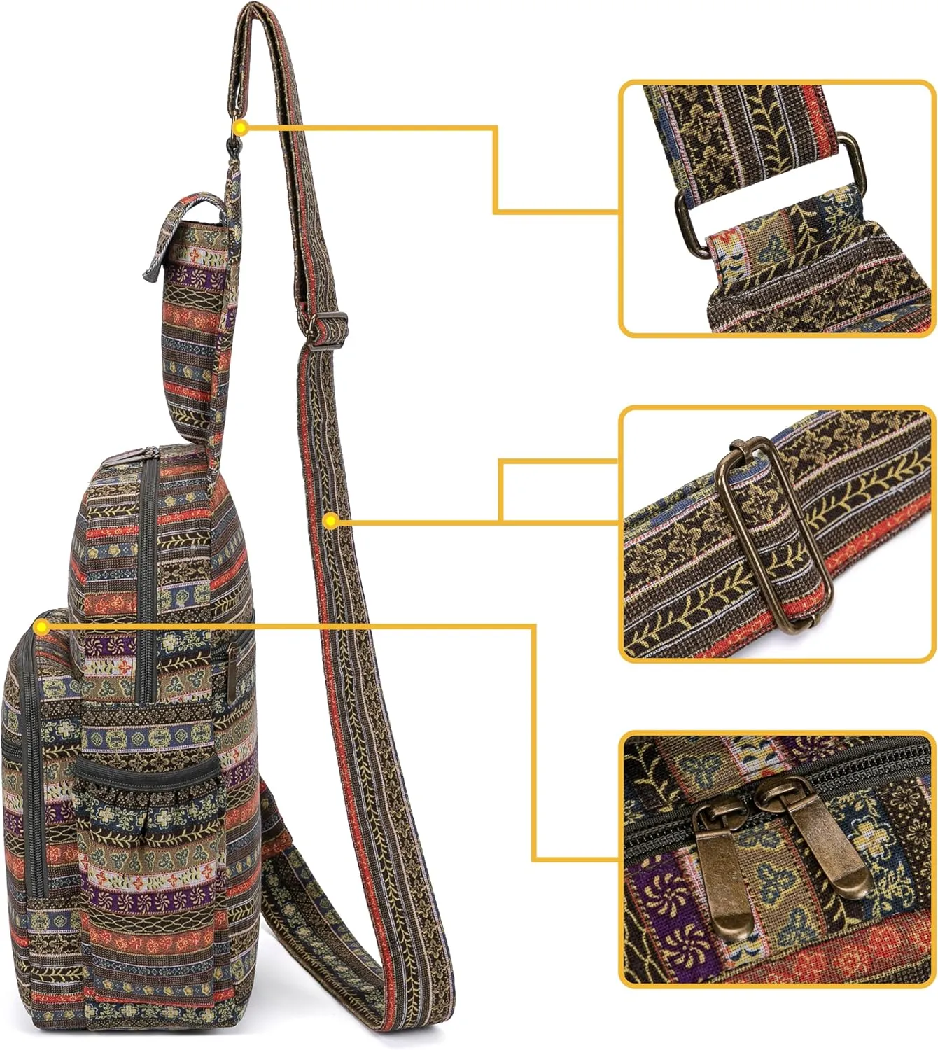 Women sling bag Elephant canvas large boho backpacks bohemian Crossbody Bag (green grey)