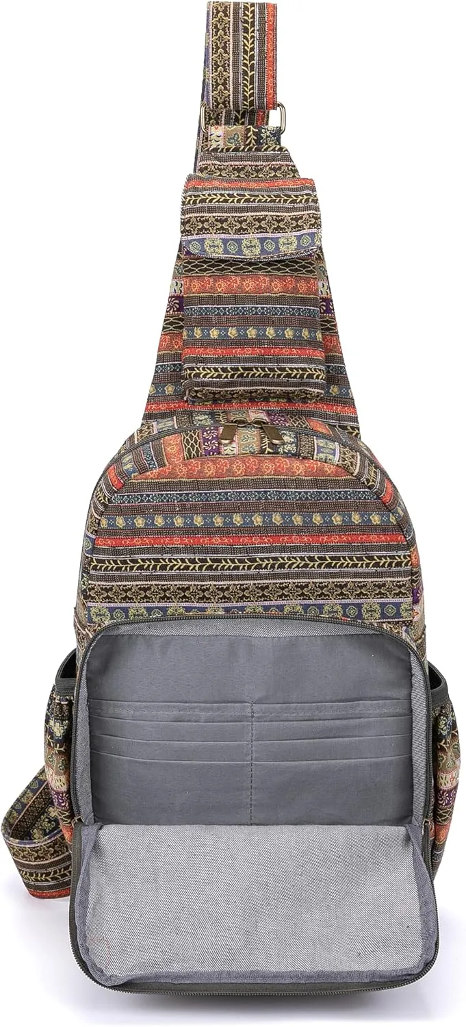 Women sling bag Elephant canvas large boho backpacks bohemian Crossbody Bag (green grey)