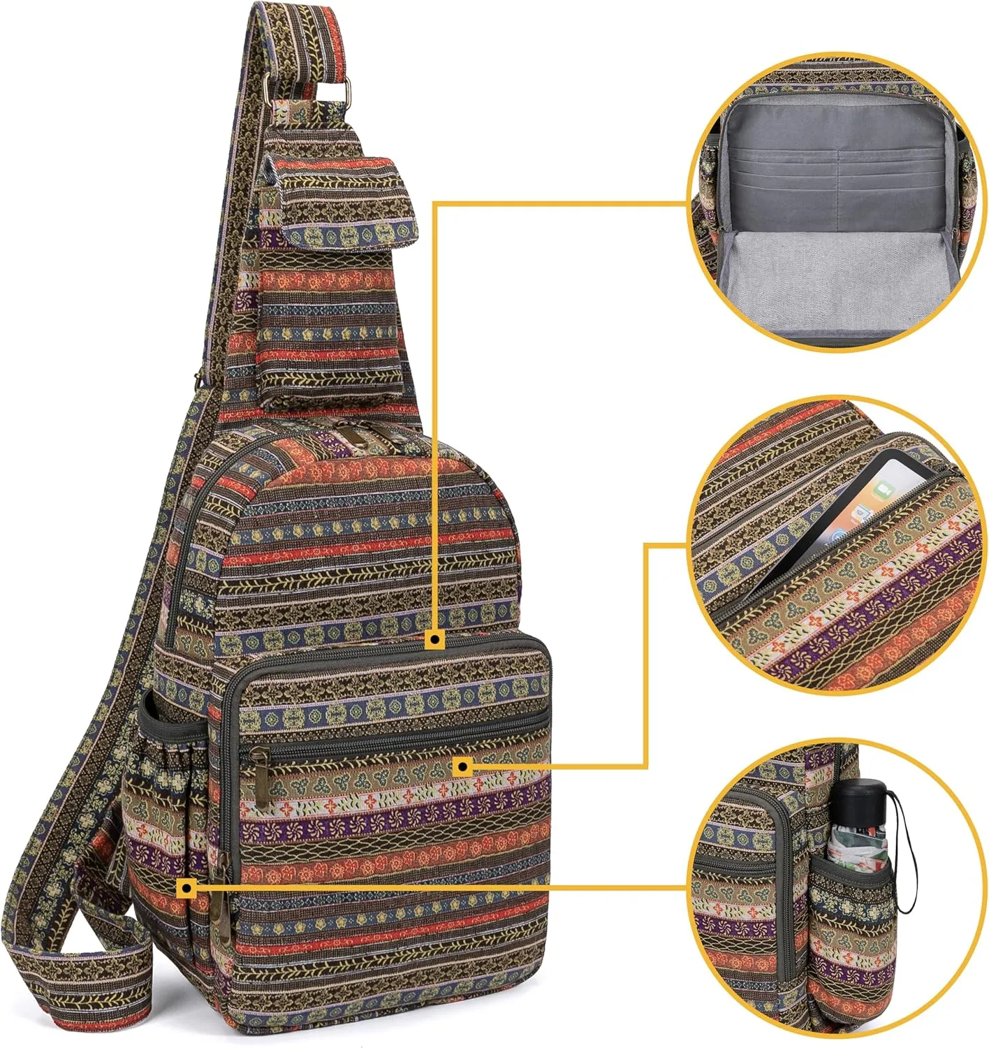 Women sling bag Elephant canvas large boho backpacks bohemian Crossbody Bag (green grey)