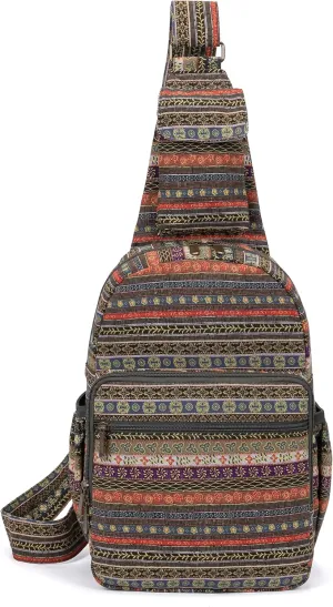 Women sling bag Elephant canvas large boho backpacks bohemian Crossbody Bag (green grey)