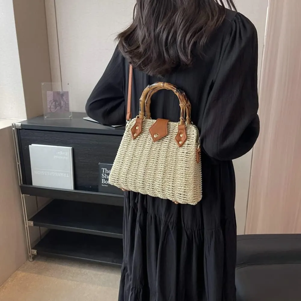 Women Straw Crossbody Bag Handwoven Basket Handbags Summer Beach Weave Shoulder Bag Bamboo Handle Handmade Hobo Purse