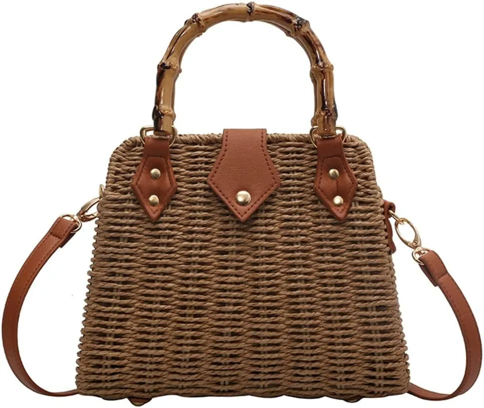 Women Straw Crossbody Bag Handwoven Basket Handbags Summer Beach Weave Shoulder Bag Bamboo Handle Handmade Hobo Purse