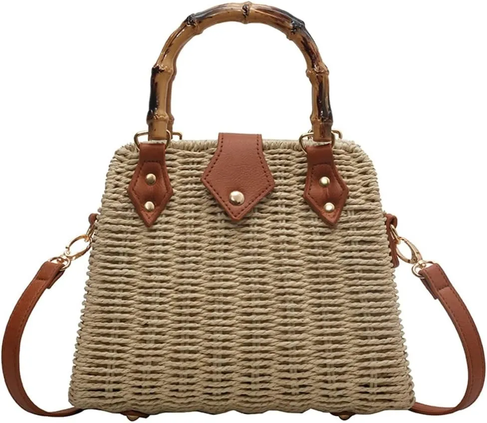 Women Straw Crossbody Bag Handwoven Basket Handbags Summer Beach Weave Shoulder Bag Bamboo Handle Handmade Hobo Purse