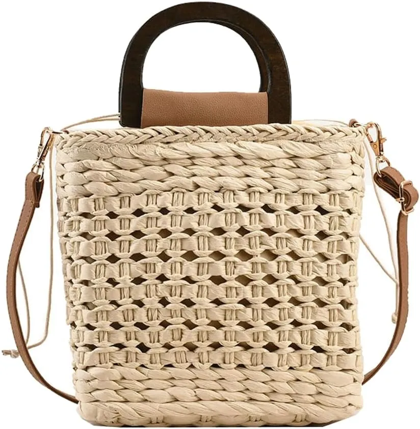 Women Straw Handbag Beach Bag Woven Rattan Crossbody Bags Handmade Leather Straps Satchel Clutch Purse Summer Vacation