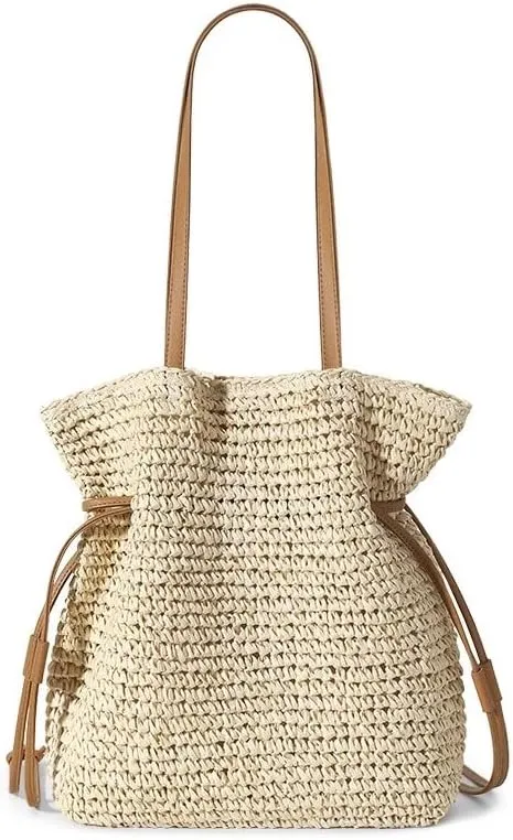 Women Straw Woven Summer Beach Bag Tote Shoulder Handmade Weaving Handbag Drawstring Closure