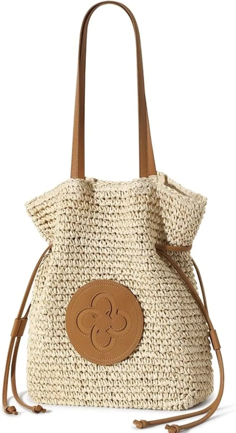 Women Straw Woven Summer Beach Bag Tote Shoulder Handmade Weaving Handbag Drawstring Closure