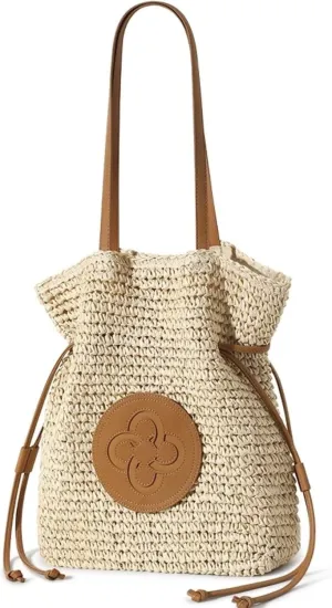 Women Straw Woven Summer Beach Bag Tote Shoulder Handmade Weaving Handbag Drawstring Closure