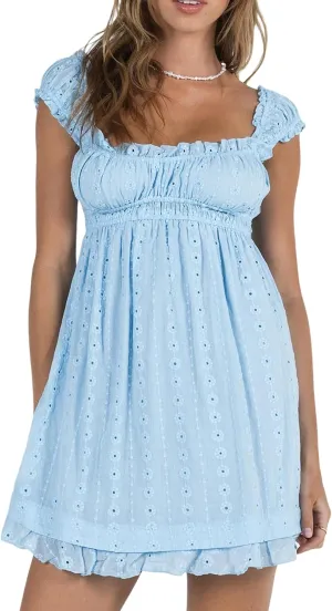 Women Summer Floral Embroidery Dress Sleeveless Ruffle Loose A-line Mini Dress Beach Clubwear Streetwear