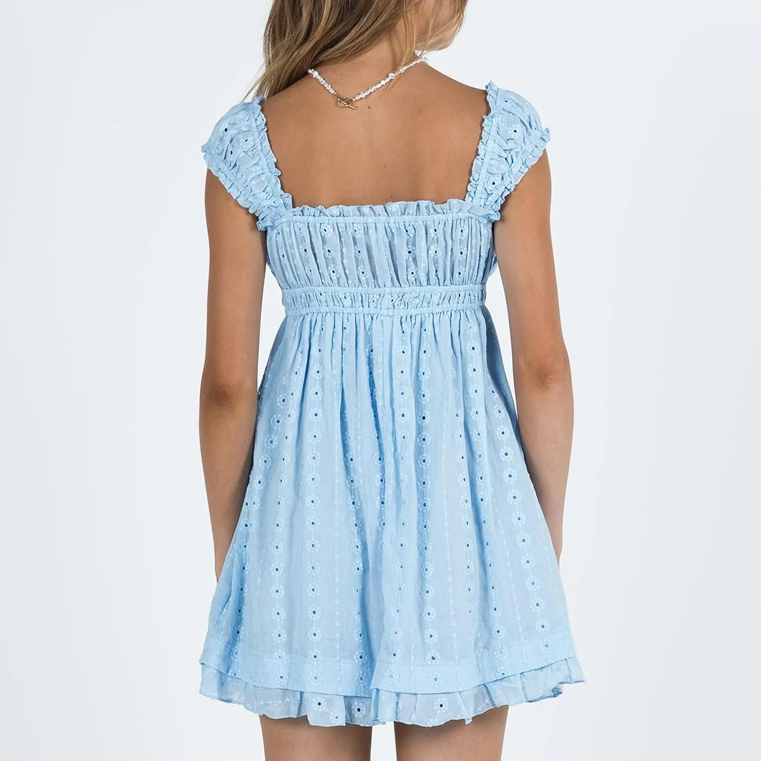 Women Summer Floral Embroidery Dress Sleeveless Ruffle Loose A-line Mini Dress Beach Clubwear Streetwear