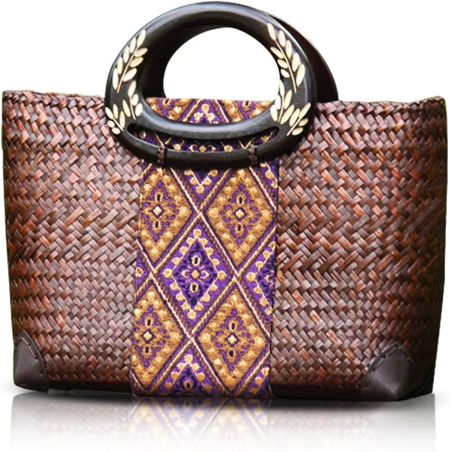 Women Summer Retro Straw Bag with Printing Hand-woven Beach Handbag Leaf Pattern Wooden Handle Boho Tote Bag Shopping and Travel Large Bag (Brown)