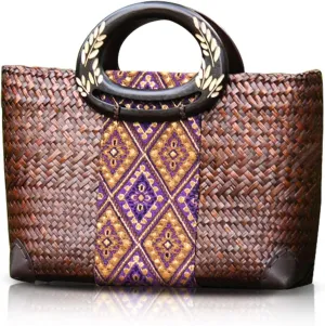Women Summer Retro Straw Bag with Printing Hand-woven Beach Handbag Leaf Pattern Wooden Handle Boho Tote Bag Shopping and Travel Large Bag (Brown)