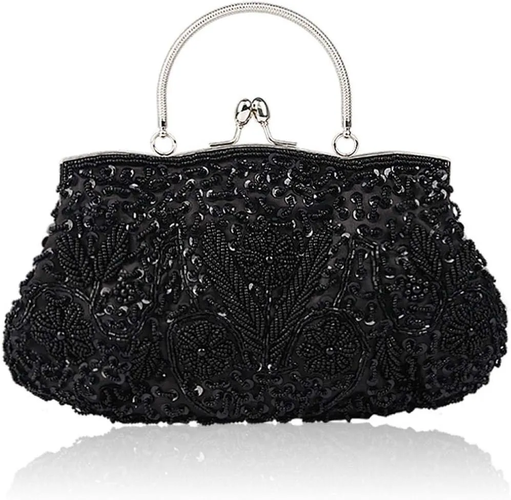Women Vintage Beaded Evening Clutch Vintage Design Sequin Floral Top-handle Handbag Party Wedding Purse Wallet (Black)