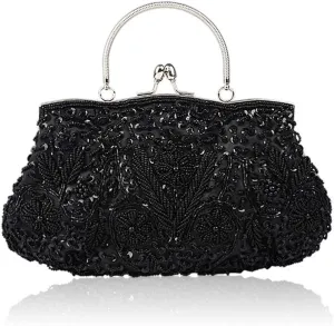 Women Vintage Beaded Evening Clutch Vintage Design Sequin Floral Top-handle Handbag Party Wedding Purse Wallet (Black)