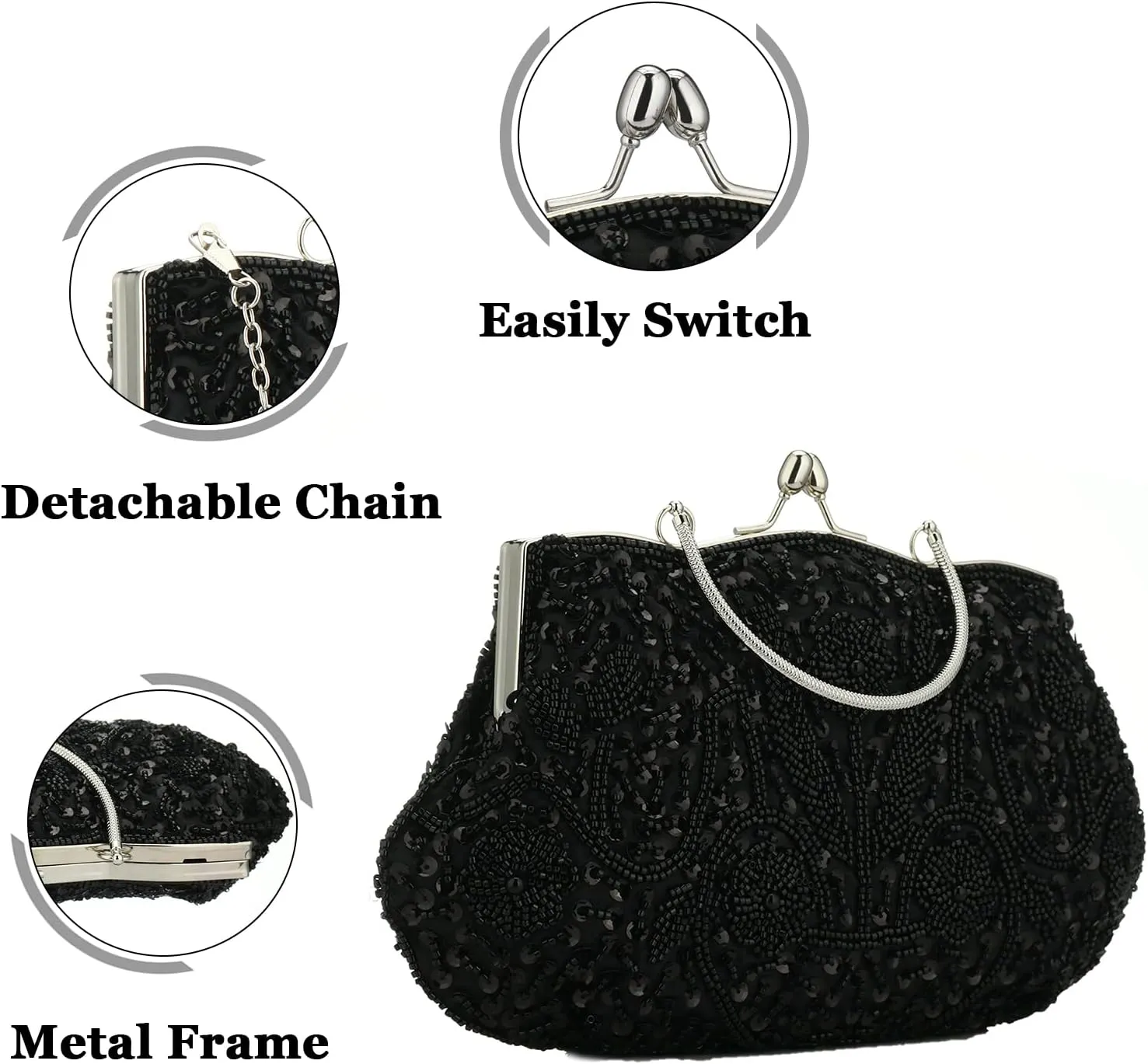 Women Vintage Beaded Evening Clutch Vintage Design Sequin Floral Top-handle Handbag Party Wedding Purse Wallet (Black)