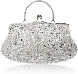 Women Vintage Beaded Evening Clutch Vintage Design Sequin Floral Top-handle Handbag Party Wedding Purse Wallet (Silver)