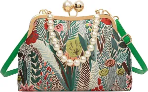 Women Vintage Floral Embroidered Top Handle Handbag Kiss Lock Elegant Clutch Purse Small Pearl Crossbody Bag