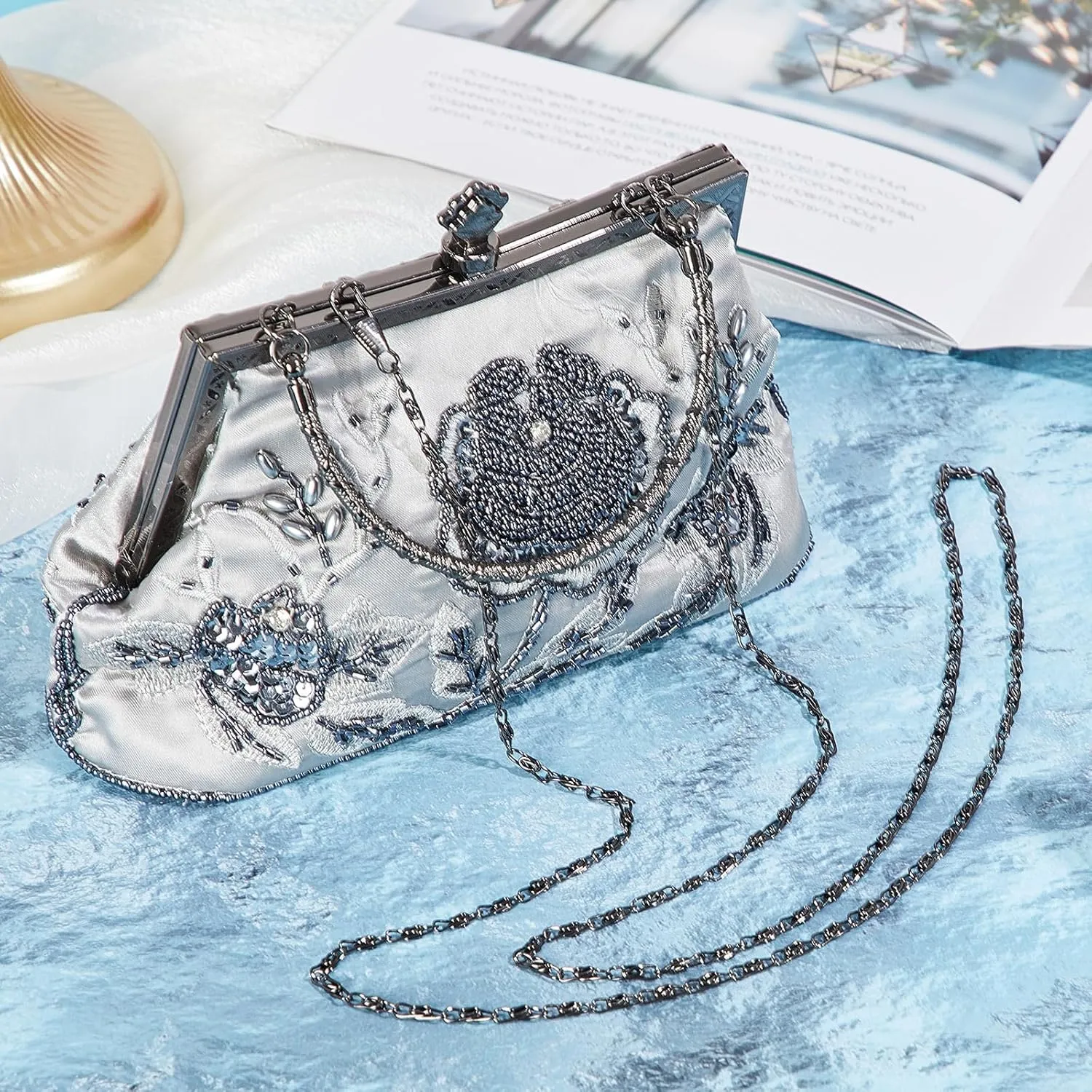 Women's Beaded Clutch Vintage Embroidery Evening Bag Sequin Rhinestone Clutch Purse Floral Crossbody Bag