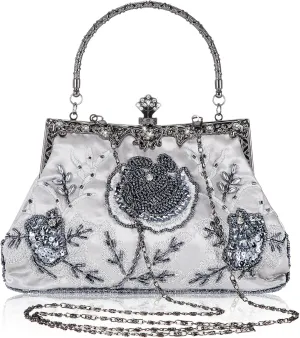 Women's Beaded Clutch Vintage Embroidery Evening Bag Sequin Rhinestone Clutch Purse Floral Crossbody Bag