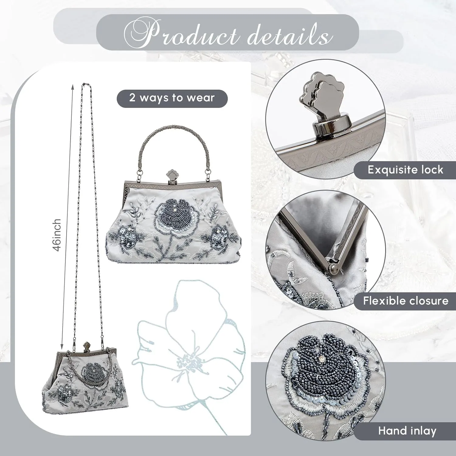 Women's Beaded Clutch Vintage Embroidery Evening Bag Sequin Rhinestone Clutch Purse Floral Crossbody Bag