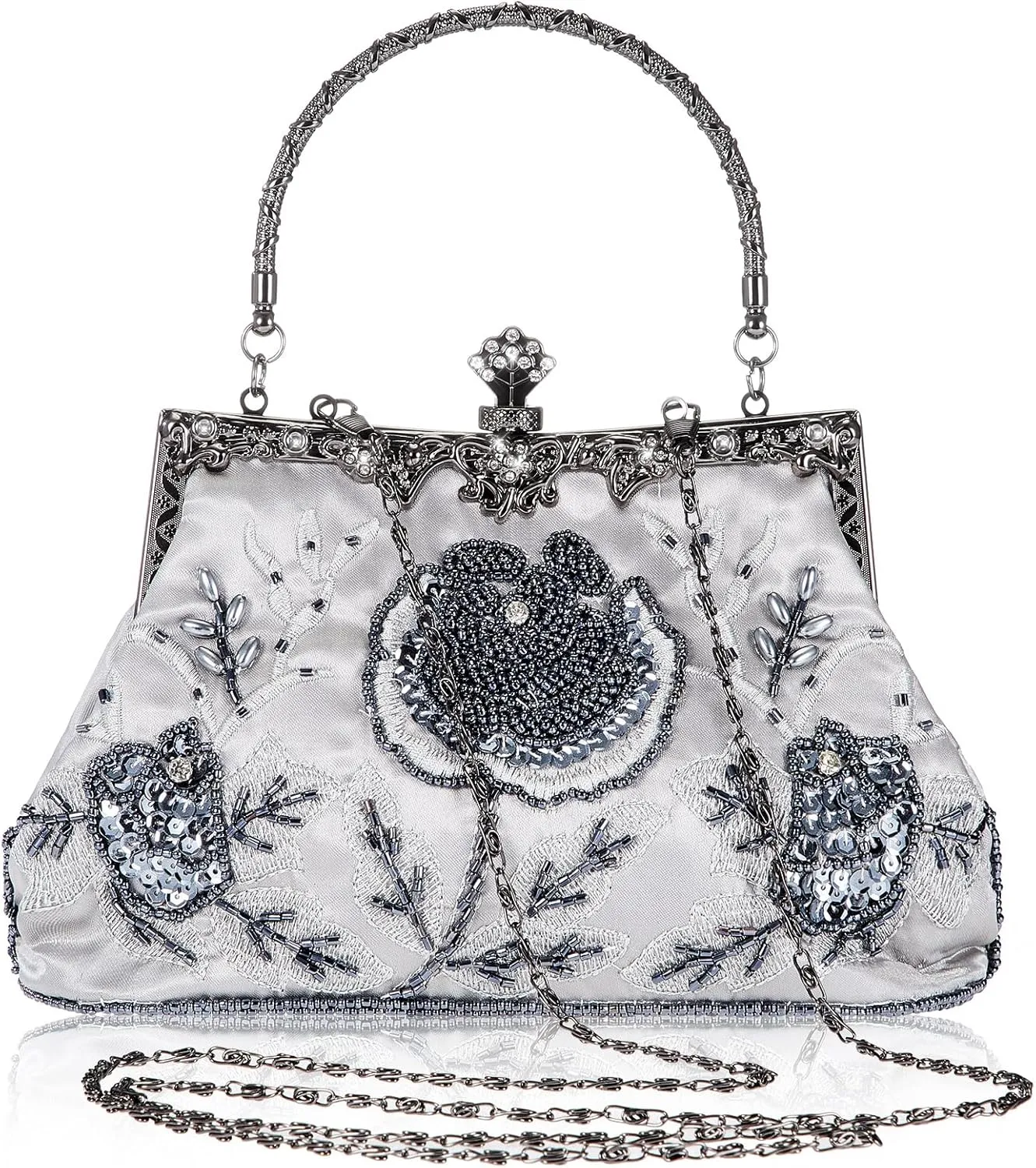Women's Beaded Clutch Vintage Embroidery Evening Bag Sequin Rhinestone Clutch Purse Floral Crossbody Bag