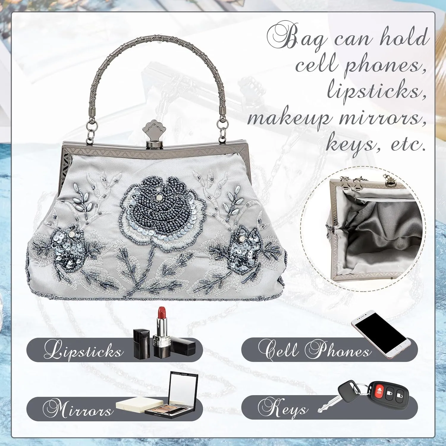 Women's Beaded Clutch Vintage Embroidery Evening Bag Sequin Rhinestone Clutch Purse Floral Crossbody Bag